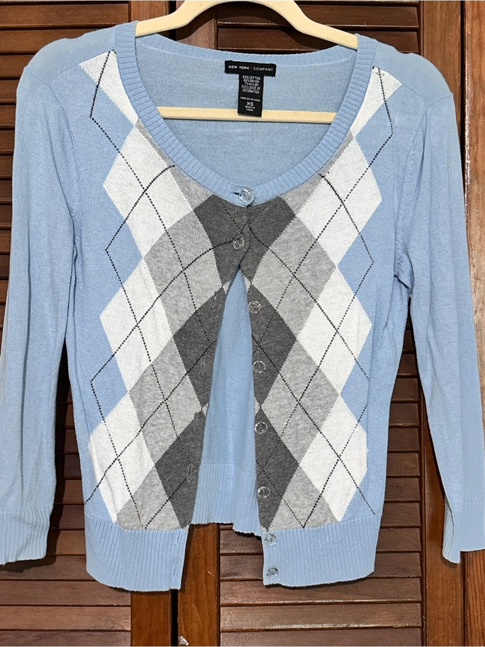 New York & Company Light Blue Argyle Button Cardigan with Gray & White